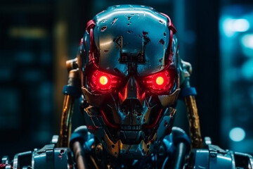 Fototapeta na wymiar humanoid android robot with artificial intelligence, evil bad eyes, metallic body. Generative AI