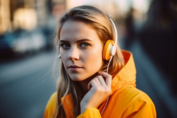 woman with headphones outside, rain jacket, outdoors in a city or residential area. Generative AI