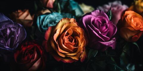 Fototapeta na wymiar Bunte Rosen Blüten mit dunklen Hintergrund - mit KI erstellt