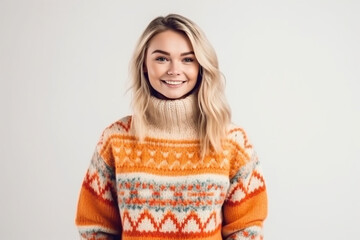 young beautiful woman on light background wears a sweater. Generative AI