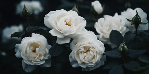 Weiße Rosen Blüten mit dunklen Hintergrund - mit KI erstellt
