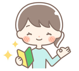 初心者マークを持つ笑顔の女性