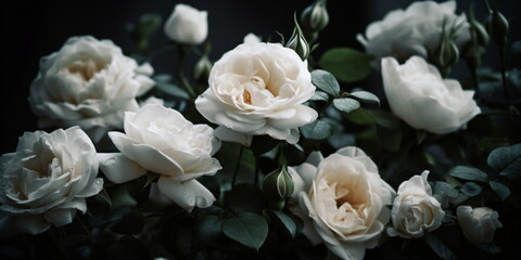 Fototapeta na wymiar Weiße Rosen Blüten mit dunklen Hintergrund - mit KI erstellt 