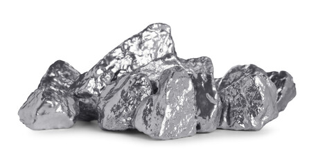 Many shiny silver nuggets on white background