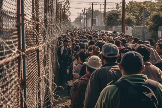 endless queue of people along a high border fence, immigration or escape, fictional place and destination of the queue. Generative AI
