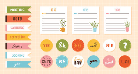 Collection of planners. Set of icons and paper pieces. Space for notes, memo and to do list. Organization of effective workflow. Cartoon flat vector illustrations isolated on beige background