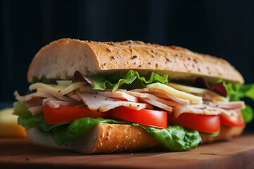 Big homemade sandwich at the kitchen. Generative AI