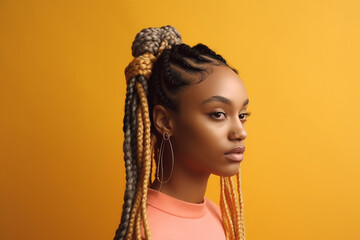 Pretty young afro-american woman with colorful braids on the light yellow background. Generative AI - obrazy, fototapety, plakaty