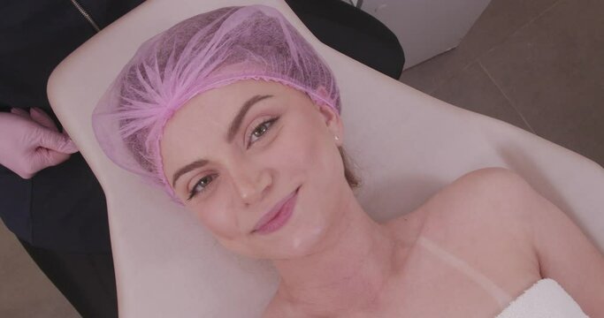 closeup photo of woman's face, photo of aesthetics, anti aging procedures. Radio frequency application. Aesthetics, spa. beautician.