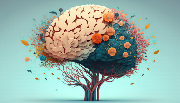 Human brain tree with flowers mental health, self care concept, positive thinking, creative mind, ADHD, schizophrenia, depression, Anxiety, panic attacks, Voices in my head. Generative AI