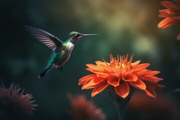 Fototapeta na wymiar A hummingbird drinks nectar from a flower. Generative AI