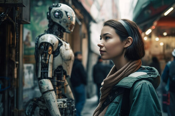 young adult woman in a city, life with robots, humanoid android robots with artificial intelligence. Generative AI