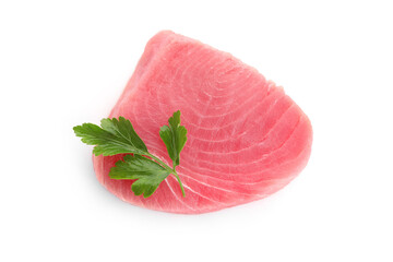 Fresh raw tuna fillet with parsley on white background, top view
