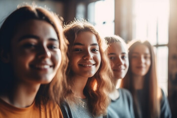 Fototapeta premium young girls teenagers standing side by side, friends or group, fictional location. Generative AI