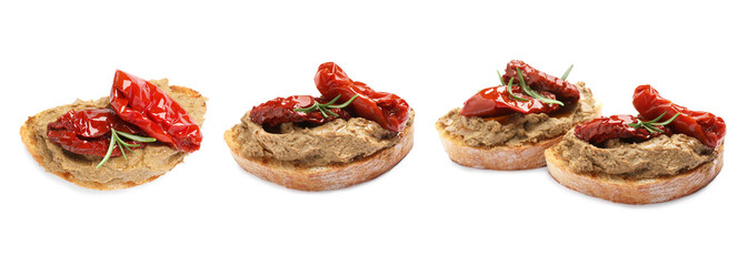 Slices of bread with pate, sun dried tomatoes and rosemary on white background, collage design
