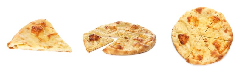 Collage with fresh cut Megrelian khachapuri on white background