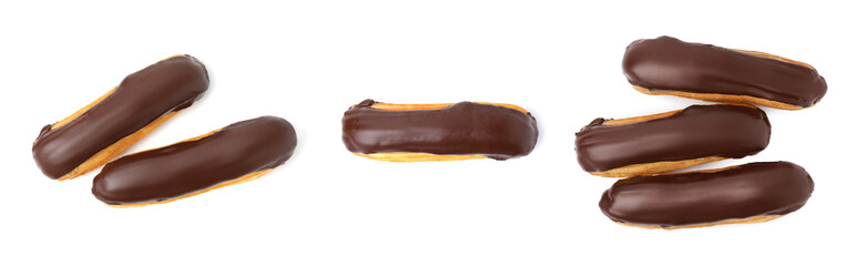 Tasty eclairs covered with chocolate on white background, top view. Collage design