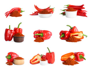 Collage with aromatic paprika powder and different fresh peppers on white background