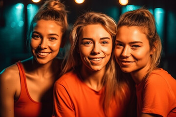 Fototapeta premium three female people laugh happily together, having fun together, joy and serenity. Generative AI