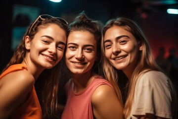 Fototapeta premium three female people happily together, having fun together, joy and serenity. Generative AI