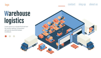Fototapeta na wymiar Warehouse logistics concept. Room with boxes next to truck. Online shopping and transportation of goods, import and export. Landing page design. Cartoon isometric vector illustration