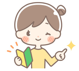 初心者マークを持つお団子の女性