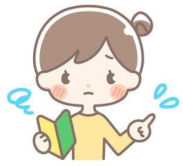 初心者マークを持つ困り顔なお団子の女性