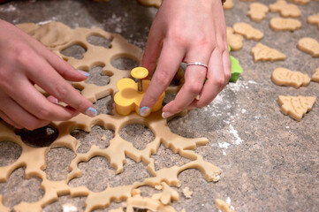 Making homemade cookies or biscuits. Dough on table and set of cookie molds with other kitchen equipment. Cute mini baby cookies in Christmas theme. Cooking with baking tools