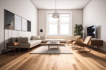 Modern and simple living room interior with white walls and wooden flooring. Generative AI