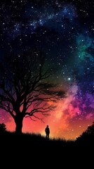 Fototapeta na wymiar A silhouette with a brilliant colorful night sky with stars. Generative AI. 