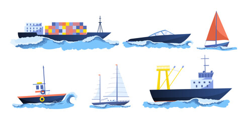 Ships with water set. Collection of sea transport for travel. Ship with boxes, transportation of goods. Yacht, boat and vessel. Cartoon flat vector illustrations isolated on white background