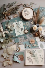 A crafting table with supplies for making greeting cards or wedding invitations. Generative AI. 