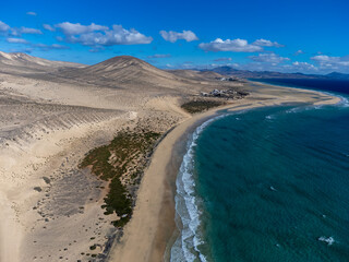 Aerial view on sandy dunes and turquoise water of Sotavento beach, Costa Calma, Fuerteventura,...
