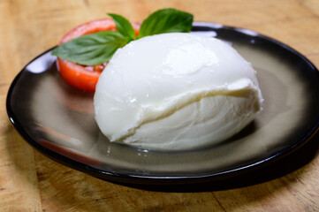 White ball of Italian soft cheese Mozzarella di Bufala Campana served with fresh green basil and red tomato
