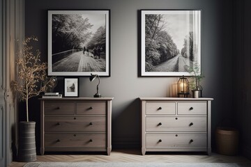 Two posters hung in a gray room with built-in niche and dresser. Generative AI