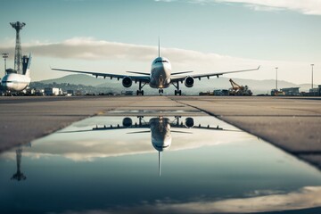 Fototapeta na wymiar Plane landing at SFO mirrored in terminal. Generative AI