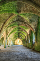 Obraz premium England, North Yorkshire, Ripon. Fountains Abbey, Studley Royal. UNESCO World Heritage Site. Cistercian Monastery. Ruins of vaulted cellarium where food was stored. 2017-05-03