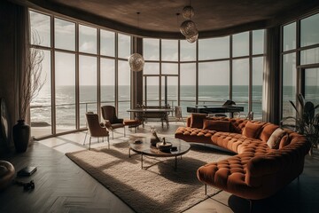 Fototapeta na wymiar Opulent seaside home interior with beach views. Generative AI