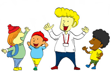 外国人のネイティブ英会話講師と子どもたちが英会話を楽しむイラスト（文字なし）