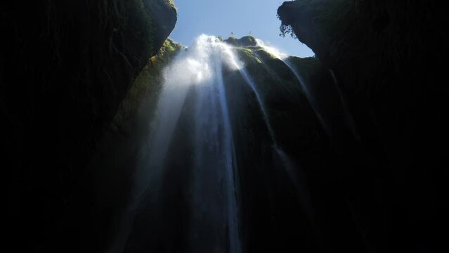 Gljufrabui cave waterfall looking up slow motion
