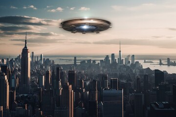 Unidentified flying object hovers above New York City. Generative AI