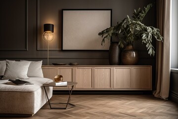 Sofa and cabinet in a beige living room corner. Generative AI