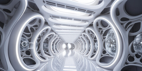Science fiction hallway interior design architecture, black and white, wide. Generative AI