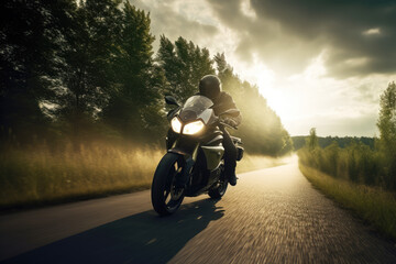 Sportbike motorcycle on the road, dynamic tourism motorcycle riding at high speed