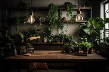 Interior design with plants, wood, and industrial elements. Generative AI