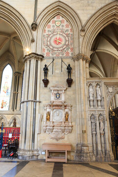 England, Yorkshire, York. The English Gothic style Cathedral and Metropolitical Church of Saint Peter in York, or York Minster. North Transept , Henry Hindley Clocks. 2017-05-04