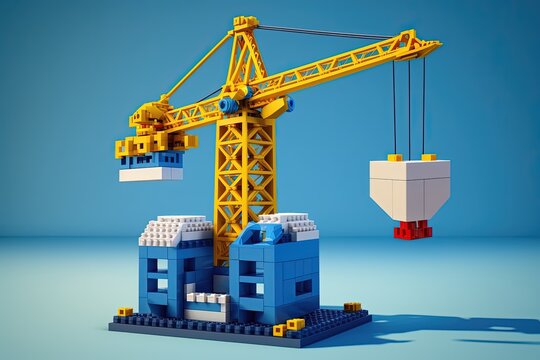 Toy crane isolated on blue background, Construction crane blocks, Generative AI