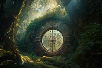 Magic portal in enchanted forest, Portal to fantasy dimension, Generative AI