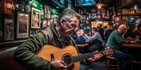 Musician playing guitar in Irish pub, trad music session. Generative AI