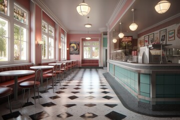 Retro ice cream shop interior. Old style ice cream parlor from the 60's. Digital illustration, Generative AI